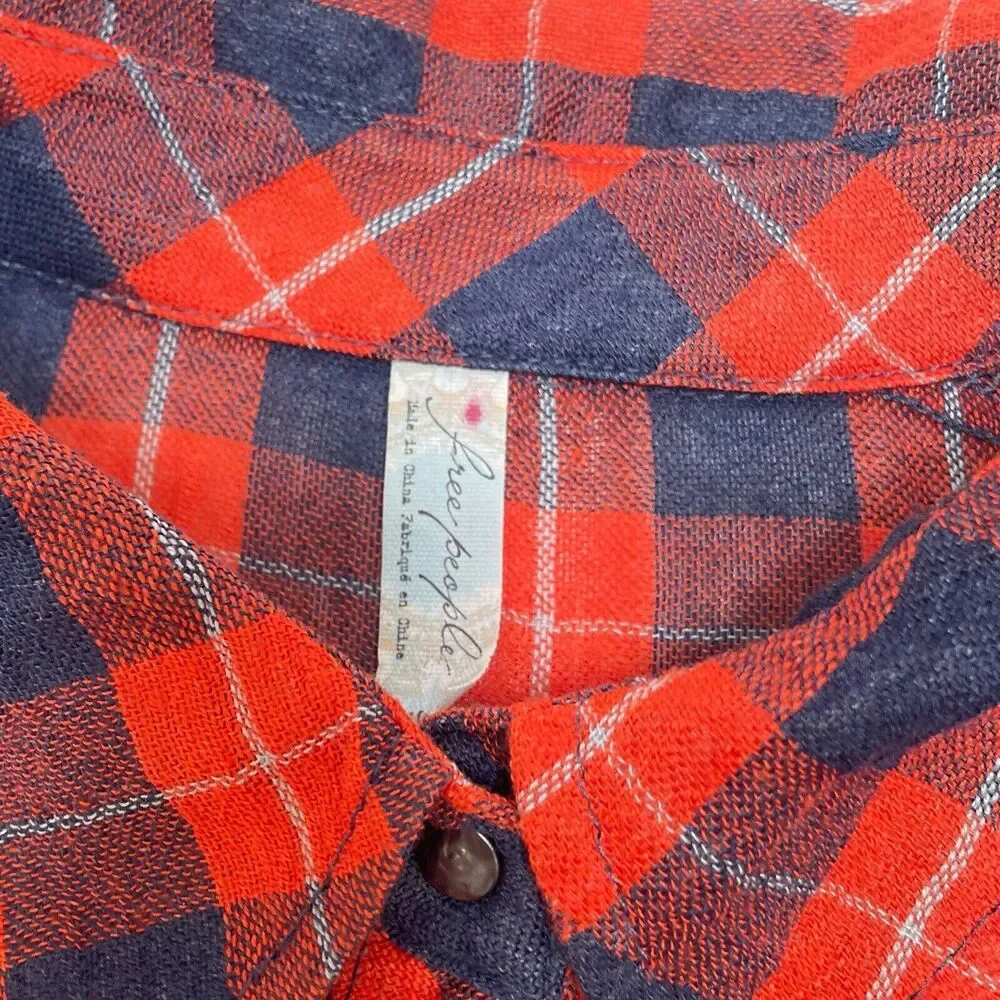 Free People Top Medium Orange Blue Plaid‎ Snap Button Front Relaxed Sheer Hi Low